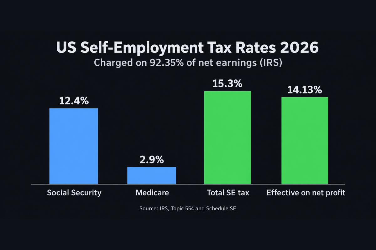 Bar chart of US self-employment tax rates for 2026: Social Security 12.4%, Medicare 2.9%, total self-employment tax 15.3%, and 14.13% effective on net profit because the tax is charged on 92.35% of net earnings